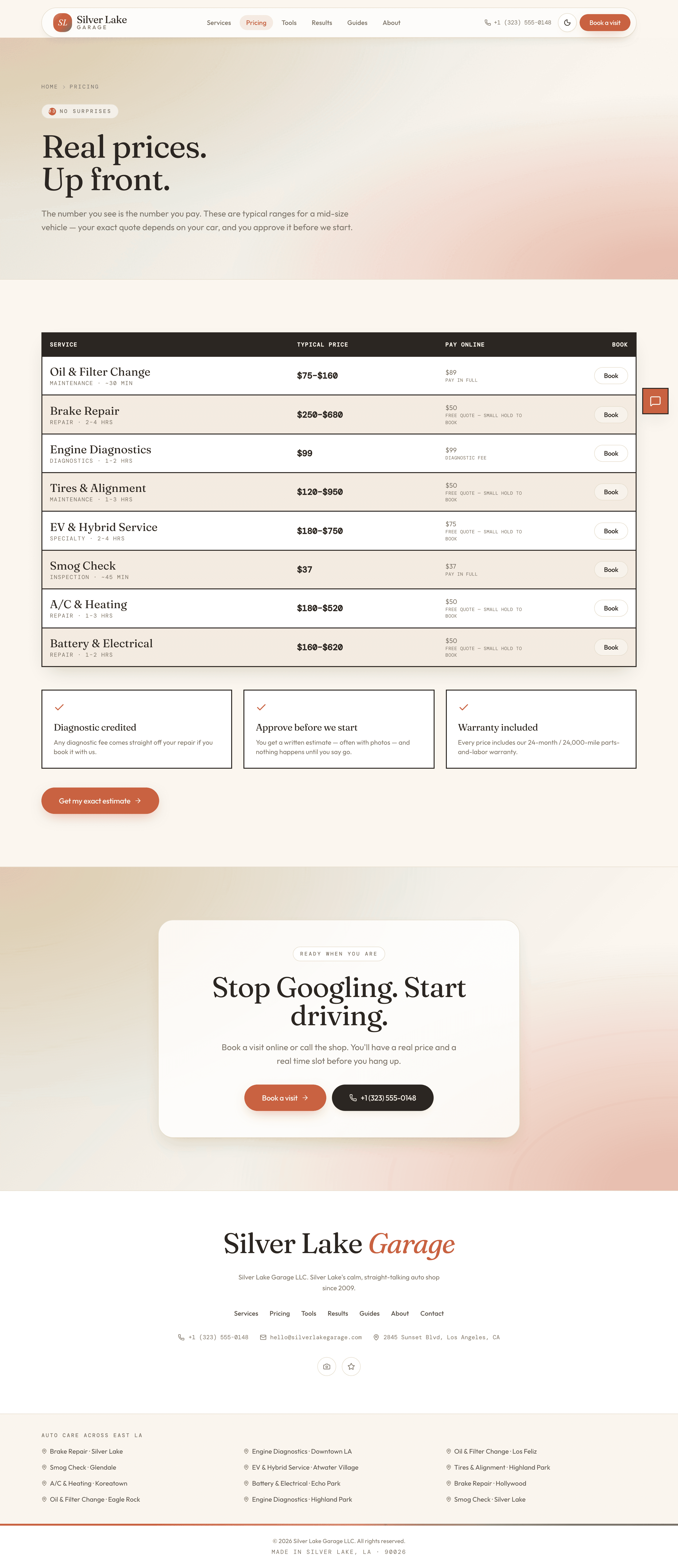 Silver Lake Garage — Pricing