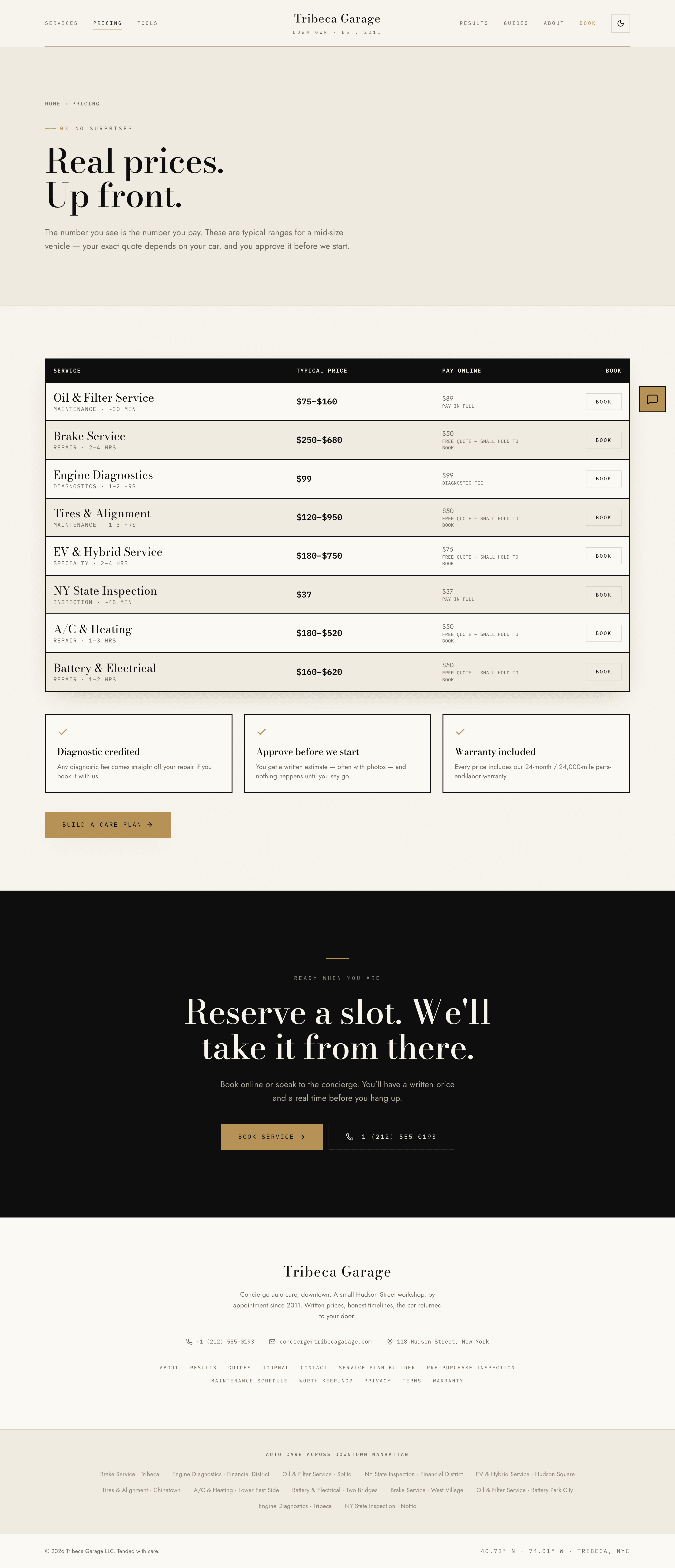 Tribeca Garage — Pricing