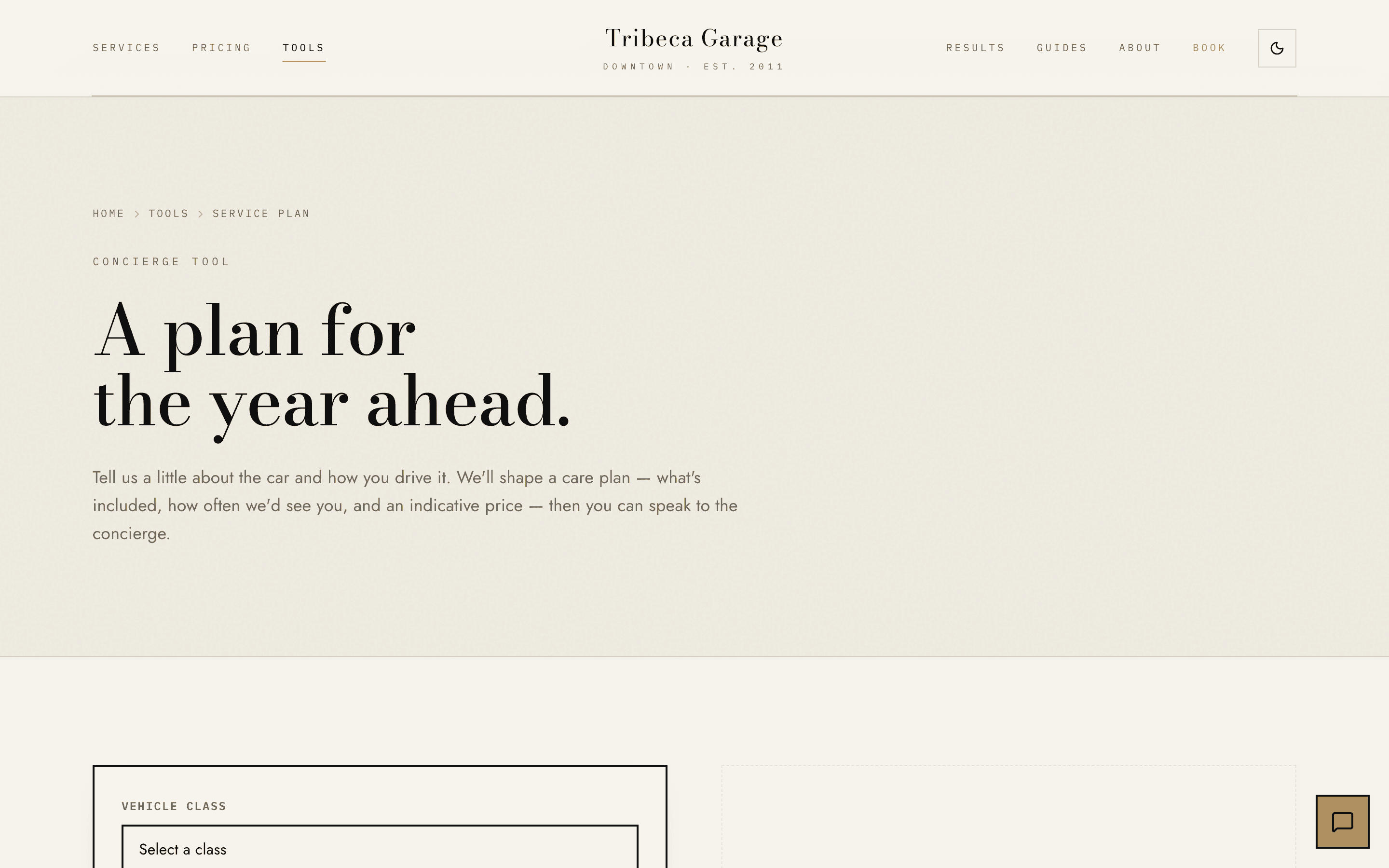Tribeca Garage — Service-plan builder