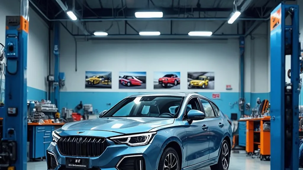 Modern collision-repair bodyshop with a car in a repair bay