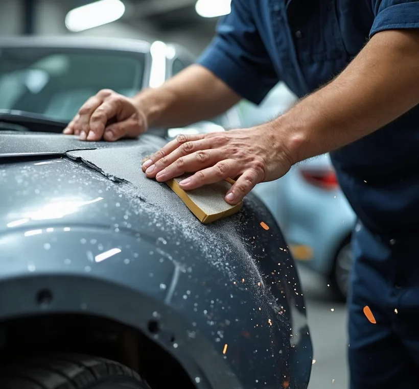 Apex technician carefully repairing a vehicle body panel