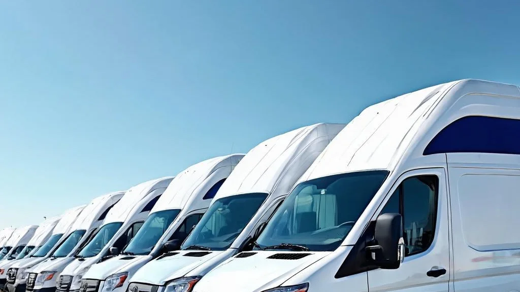 A depot row of white commercial vans