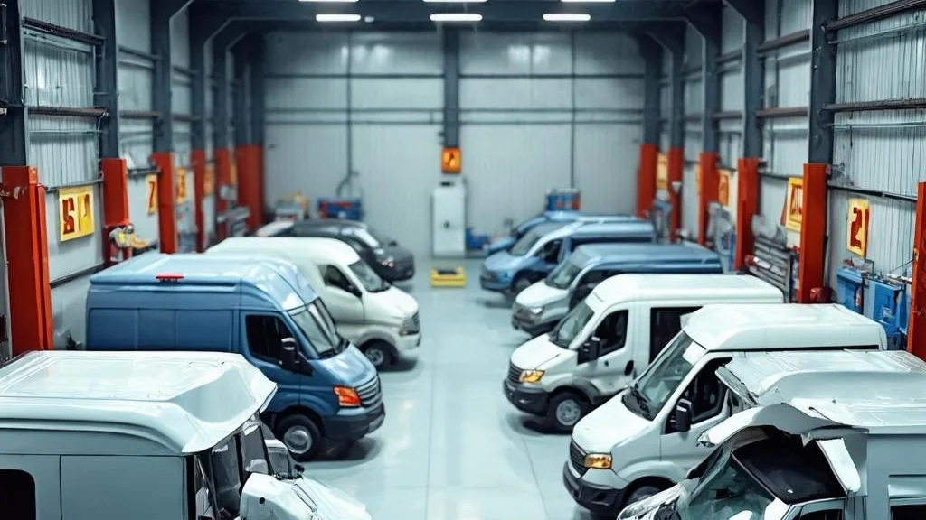 Technicians at work in a commercial vehicle workshop