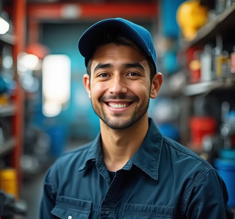 A cool young mechanic leaning against a workbench in the GearShift garage