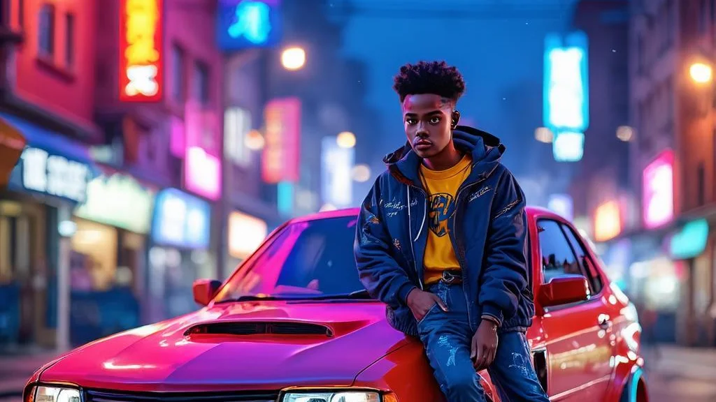 A young car enthusiast standing with a colourful modified car lit by neon at dusk