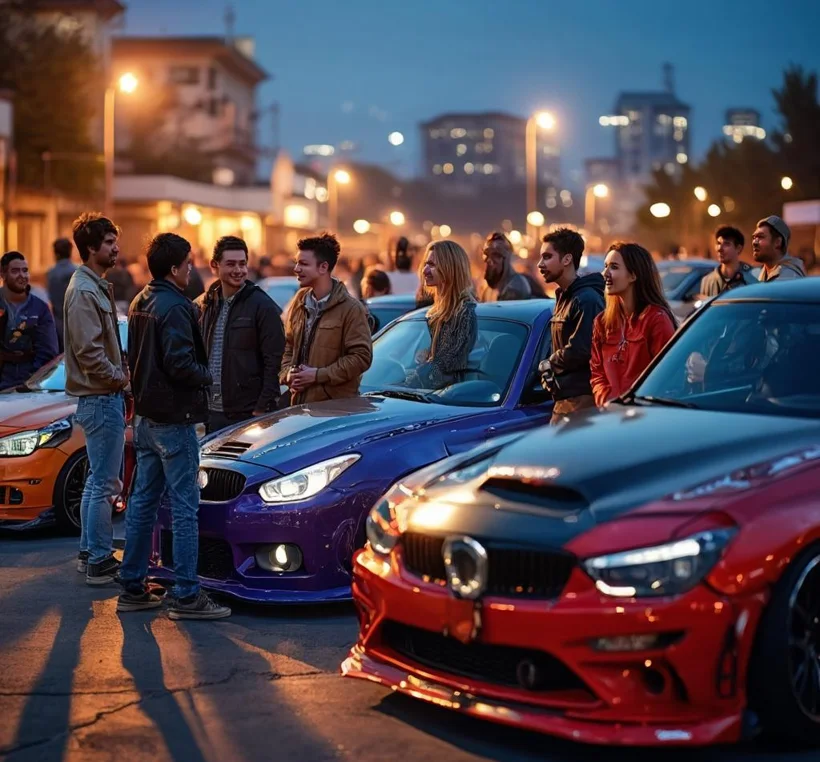 A lively young car-meet crowd gathered around modified cars in the evening