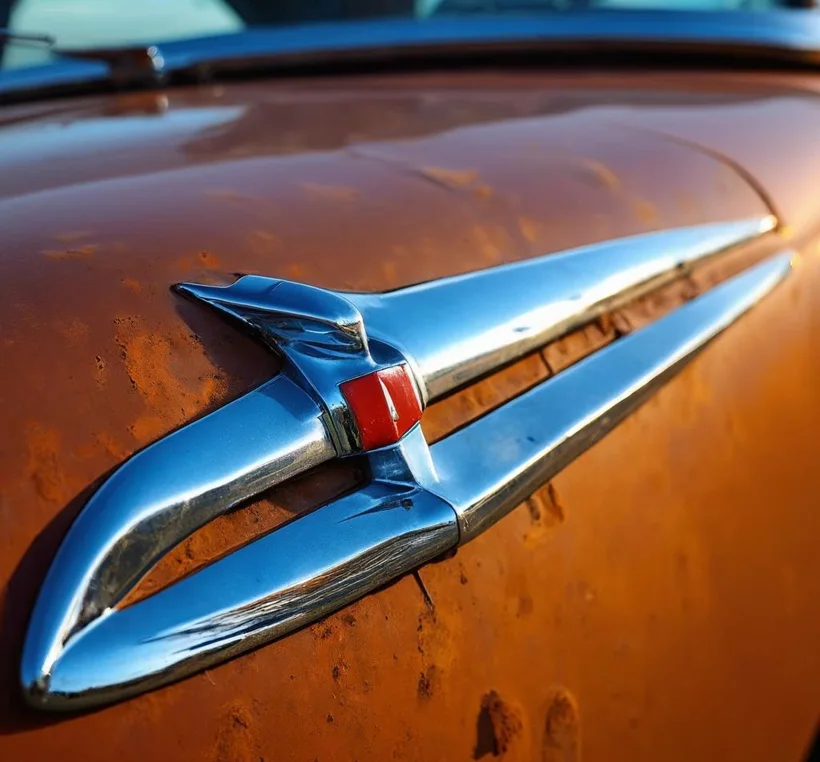 Polished chrome classic car emblem detail