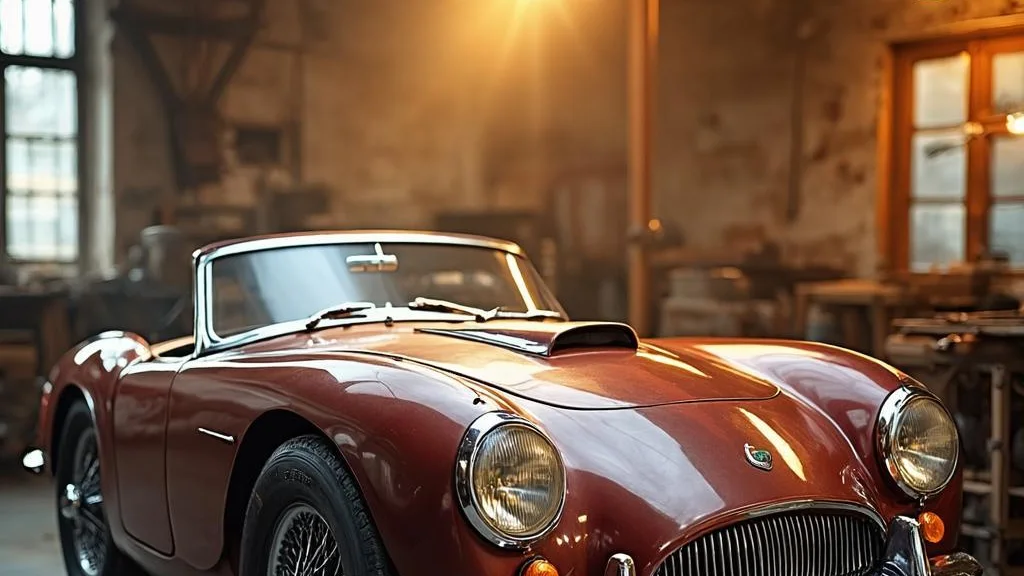 Beautifully restored vintage classic car gleaming in warm workshop light
