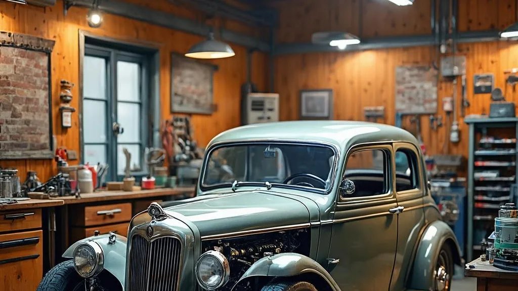 Classic car restoration workshop with vintage motor car under restoration
