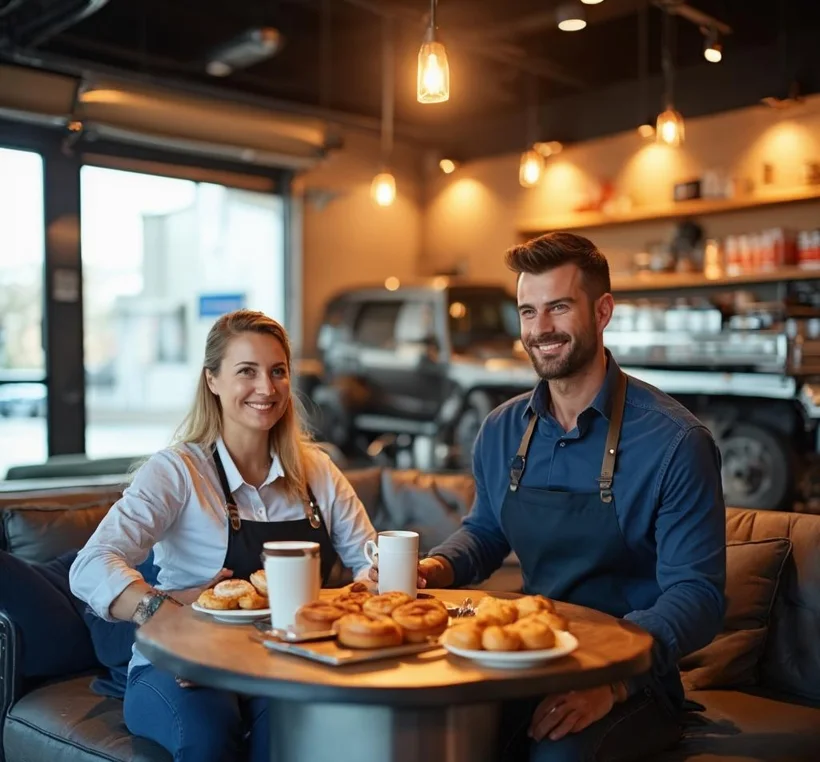 Comfortable MOT Express customer waiting lounge with seating and coffee