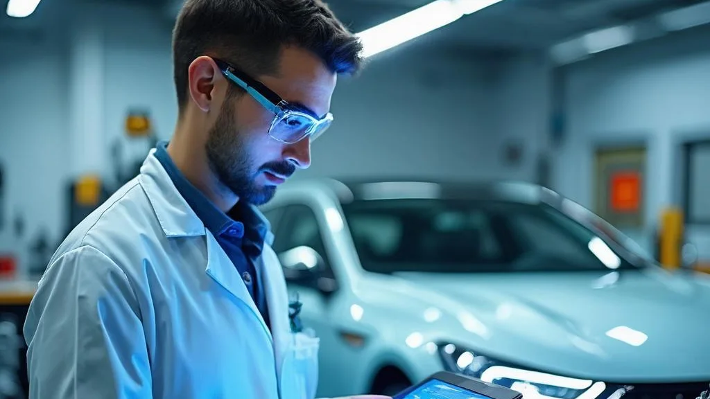 Technician running a live diagnostic on a vehicle using a tablet, lit by a blue tech glow