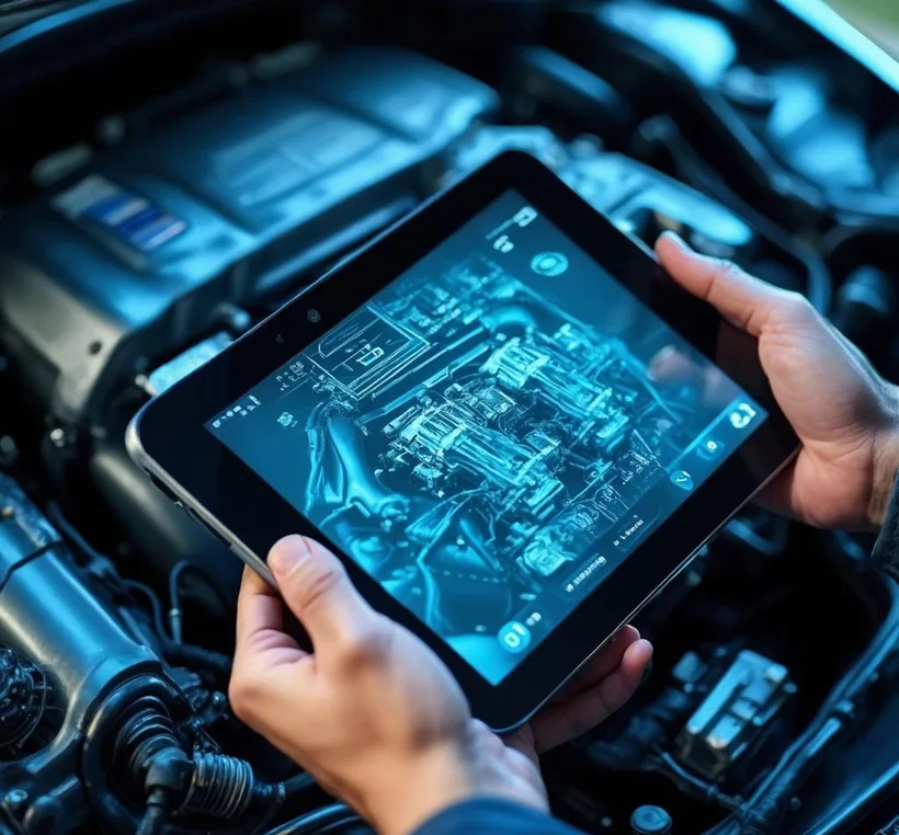 A diagnostic tablet displaying live data, held over an open engine bay