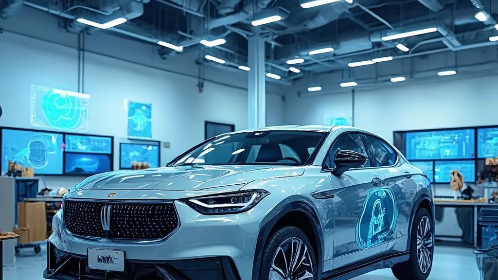 A spotless, high-tech diagnostic workshop with a car raised on a lift