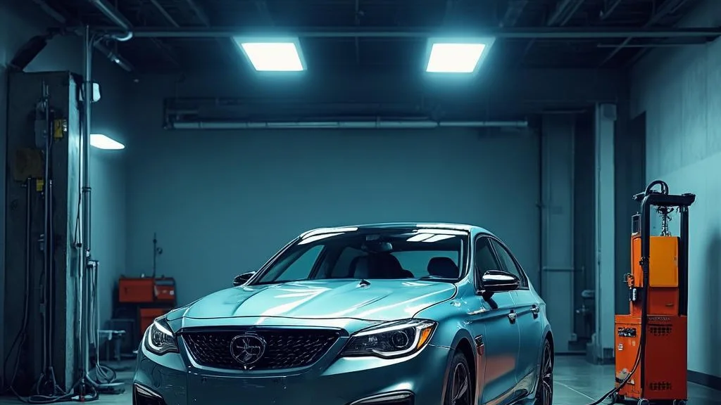 Detailing bay illuminated under LED light