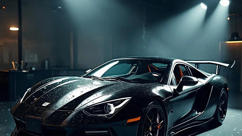 Glossy ceramic-coated luxury car being detailed under studio light